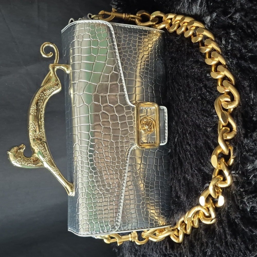 Chic Silver Crocodile Embossed Clutch with Gold Leopard Handle - Picture 1 of 17